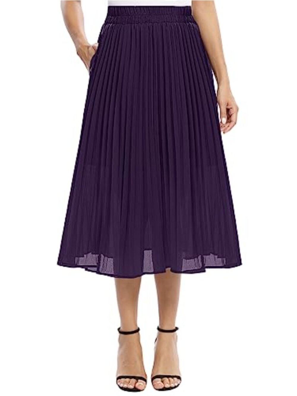 Women's Chiffon Elastic Waist A-Line Pleated Swing Midi Skirt